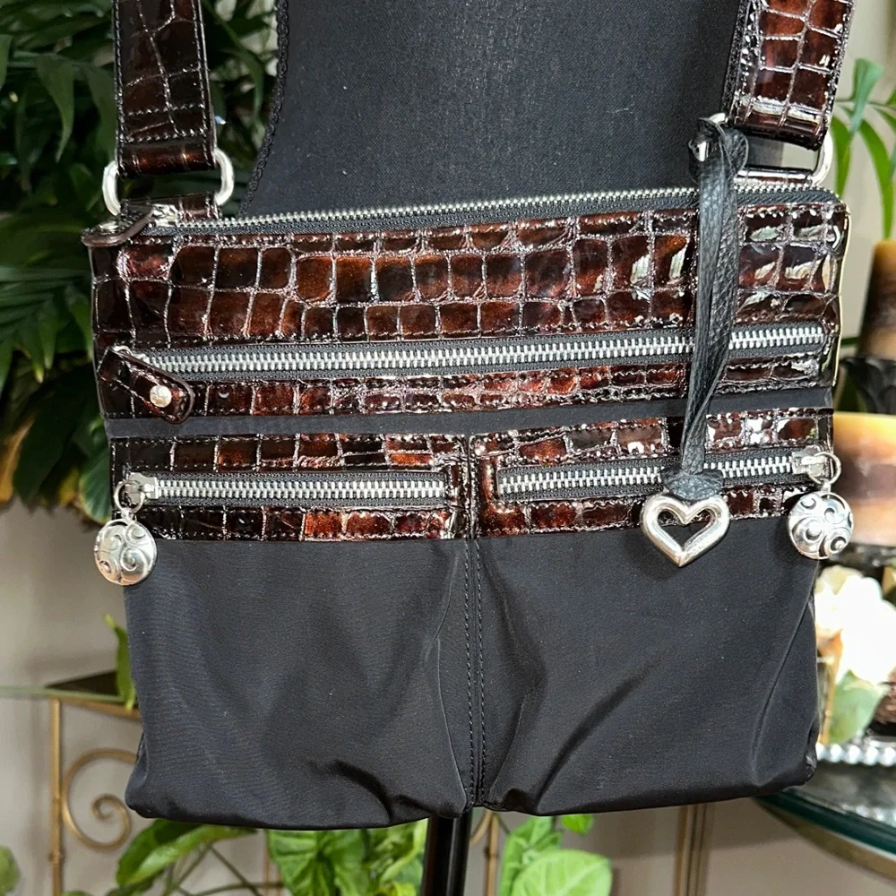 Brighton Black and Brown Crocodile leather nylon Crossbody with sunglasses case - Picture 2 of 15